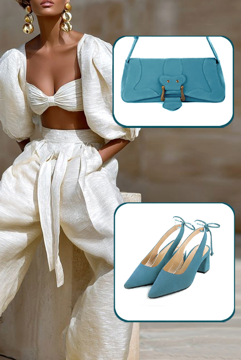 Dress slingback heels in peacock blue leather with medium flare heels and pointed toe - Worn view